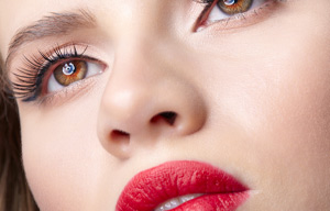 Close up of model wearing red lipstick