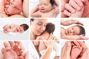 collage of a sleeping baby and mother