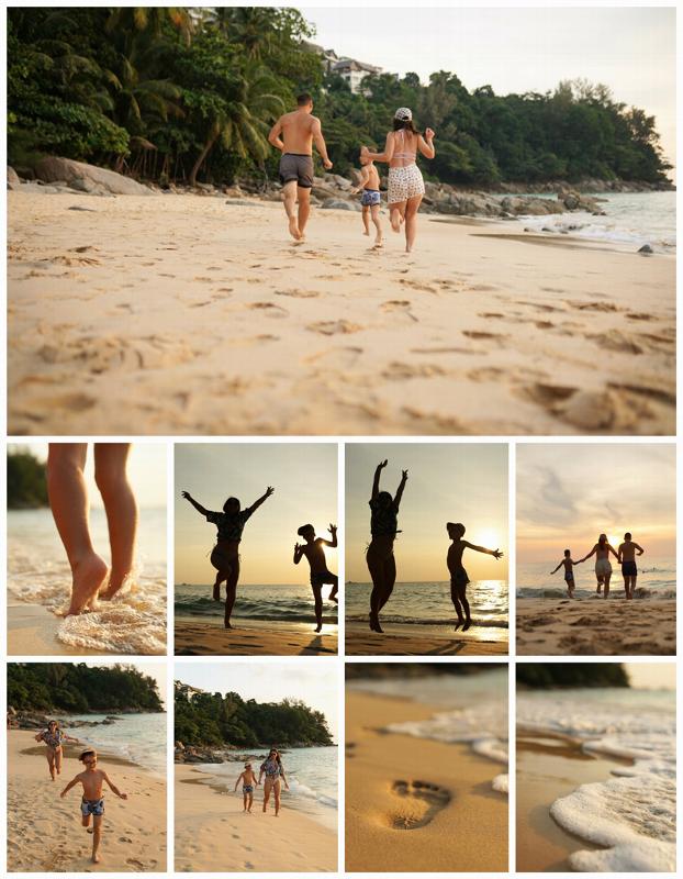 Collage of young family on a beach